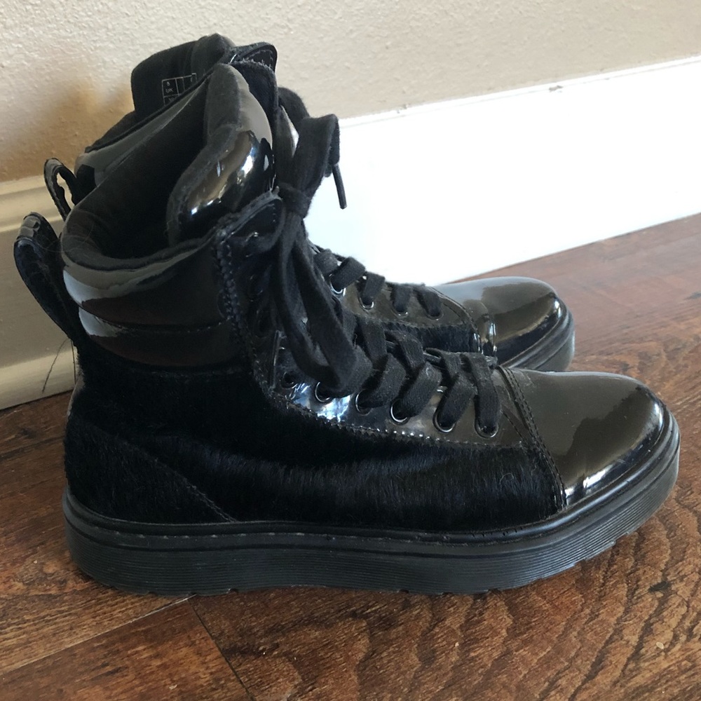 Dr.Martins patent and hair-on-hide sneaker/boot